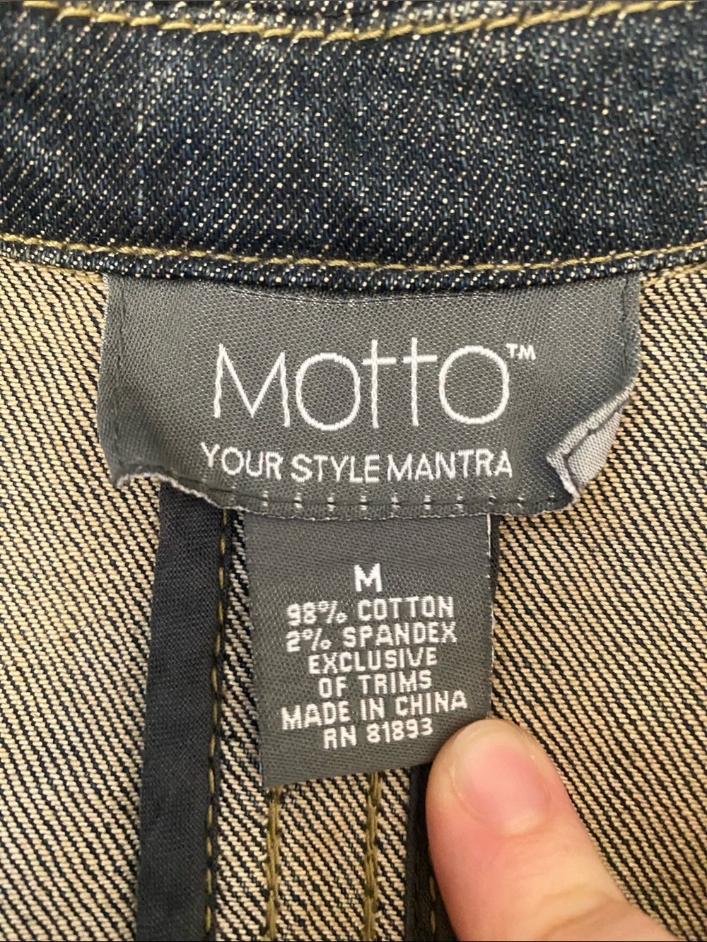 MOTTO Dark Blue Distressed Denim Blazer Jacket with Leather Trim Long Line - Picture 3 of 8
